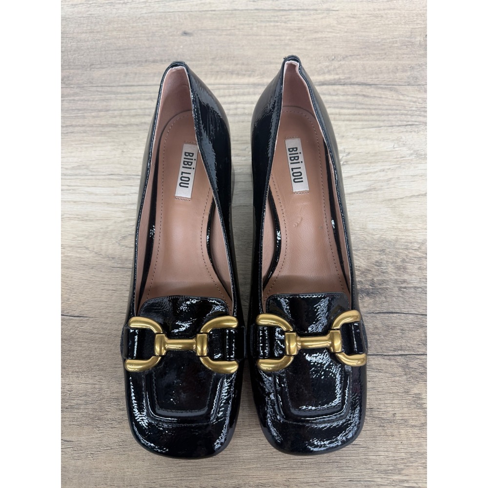 Bibi Lou Black Patent Leather Gold Horsebit Block Heel  Oxford Pump 573Z21AN  39